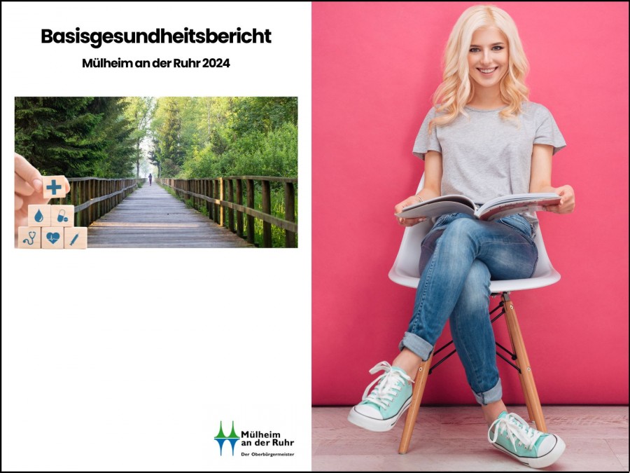 Ein blonde Frau sitzt lächelnd auf einem Stuhl und hält den Basisgesundheitsbericht in den Händen. Auf der linken Seite des Bildes ist die Titelseite des Berichts zu sehen. Es enthält ein Titelfoto mit einer Brücke und einer Joggerin. - Gesundheitsamt Canva